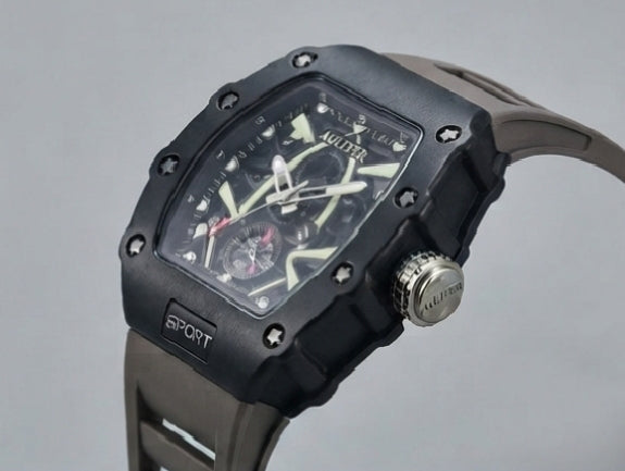 AULITER Sport Black Tonneau Watch with Skeleton-Style Dial
