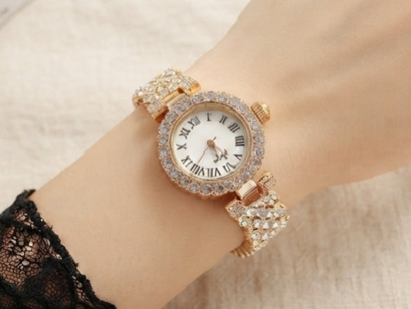Gold-Tone Embellished Bracelet Watch – White Roman Numeral Dial