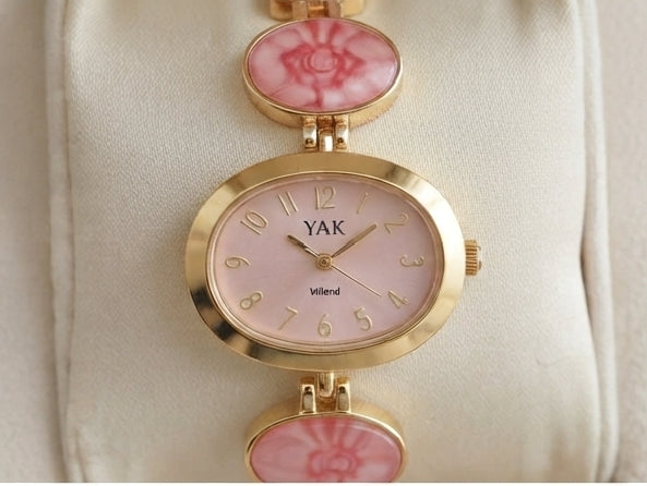 YAK Women's Pink Floral Gold-Tone Bracelet Watch