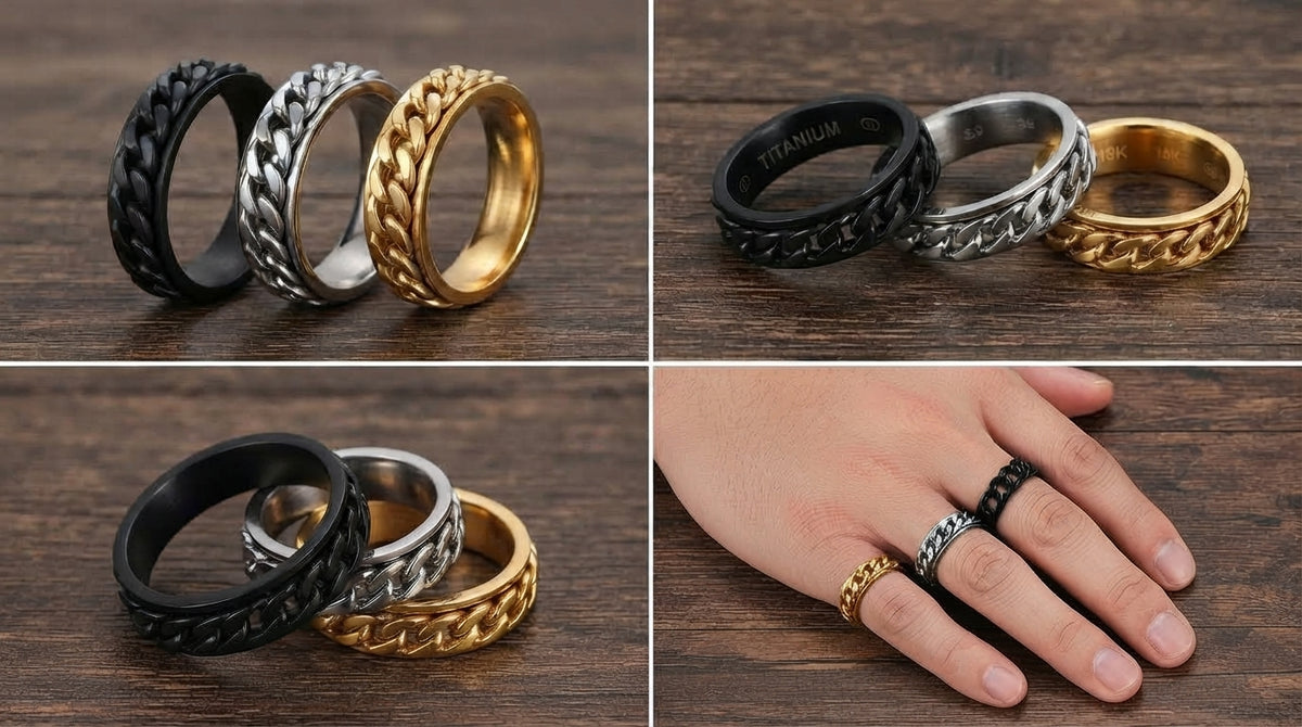 Cuban Chain-Style Band Ring | Black, Gold & Silver