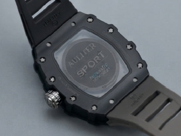 AULITER Sport Black Tonneau Watch with Skeleton-Style Dial