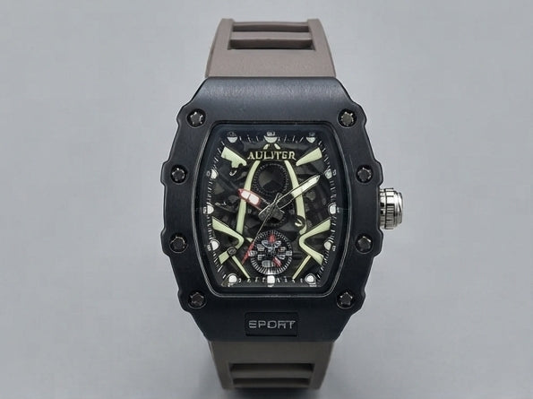AULITER Sport Black Tonneau Watch with Skeleton-Style Dial