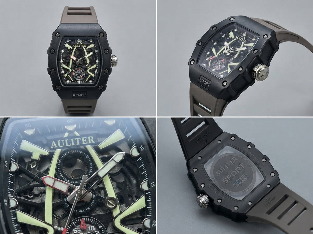 AULITER Sport Black Tonneau Watch with Skeleton-Style Dial