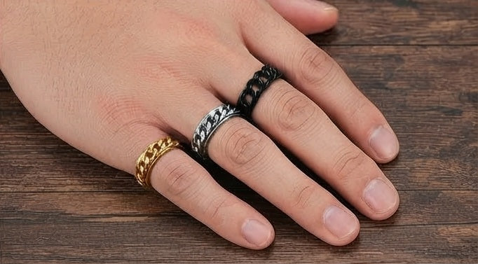 Cuban Chain-Style Band Ring | Black, Gold & Silver