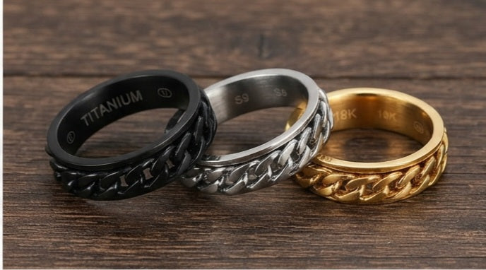Cuban Chain-Style Band Ring | Black, Gold & Silver