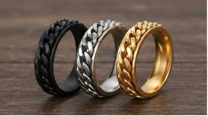 Cuban Chain-Style Band Ring | Black, Gold & Silver
