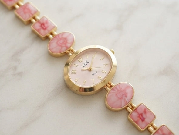 YAK Women's Pink Floral Gold-Tone Bracelet Watch