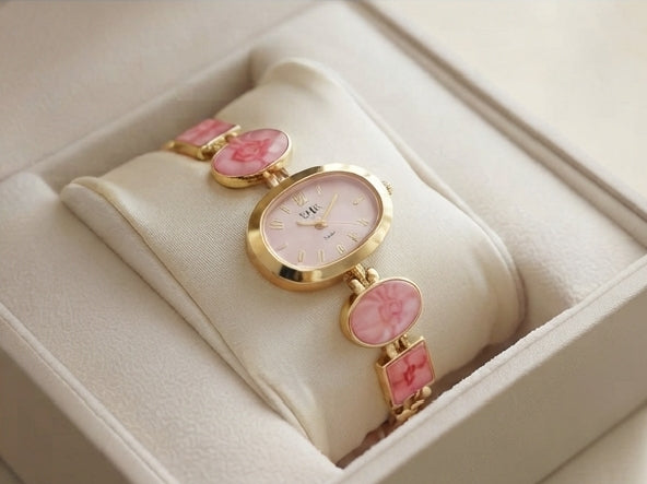 YAK Women's Pink Floral Gold-Tone Bracelet Watch