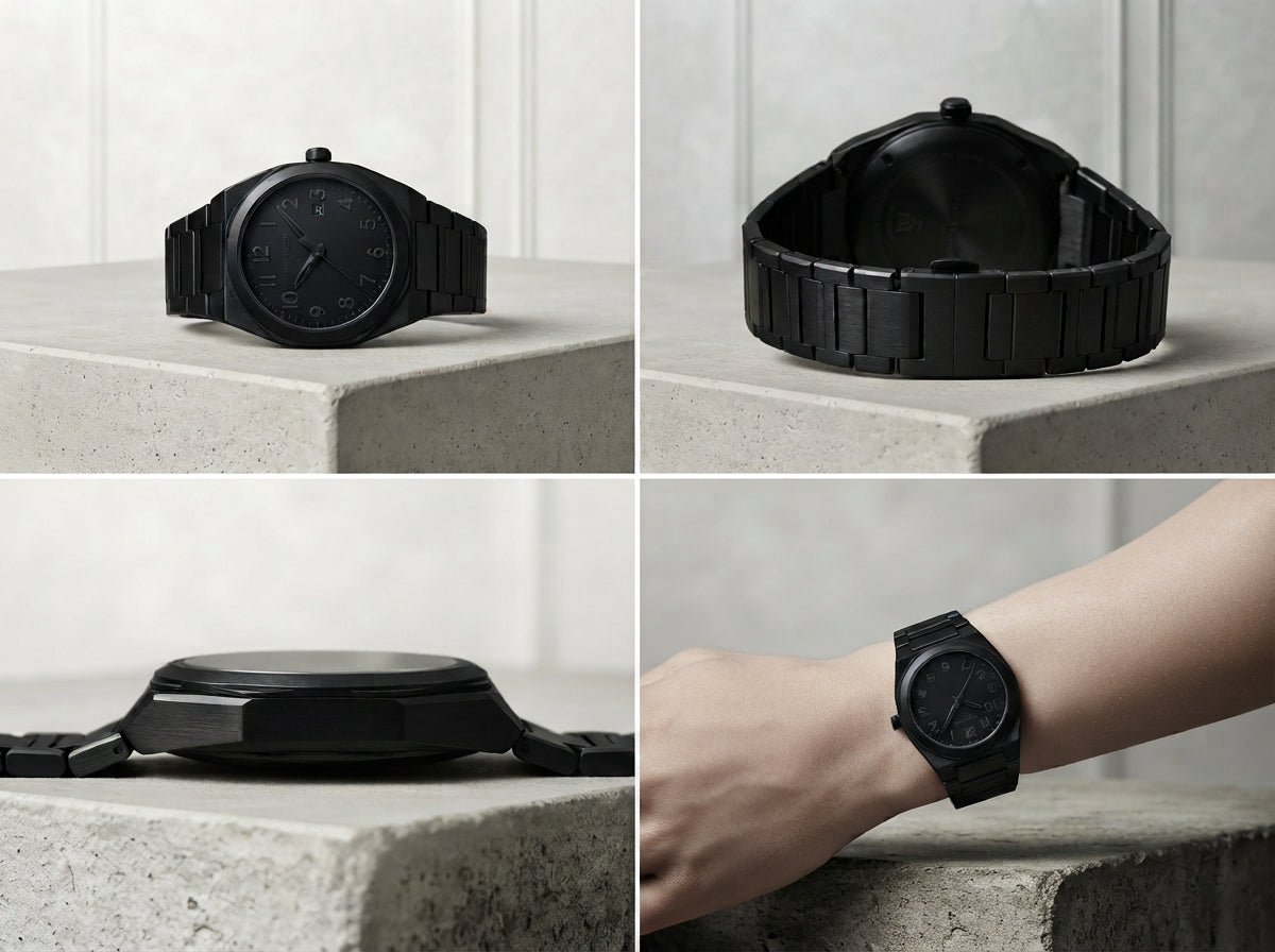 All-Black Stainless Steel Analogue Watch with Link Bracelet