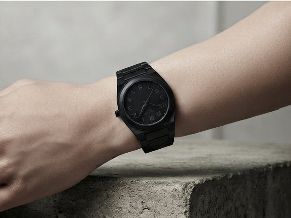 All-Black Stainless Steel Analogue Watch with Link Bracelet
