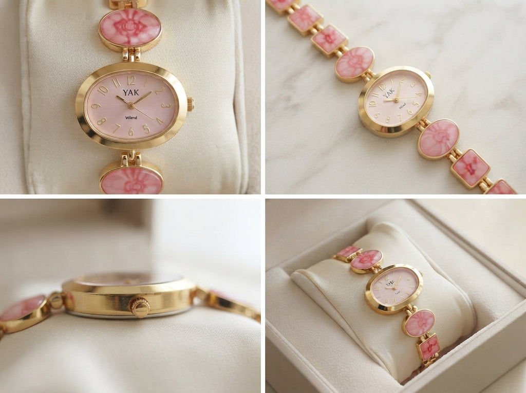 YAK Women's Pink Floral Gold-Tone Bracelet Watch