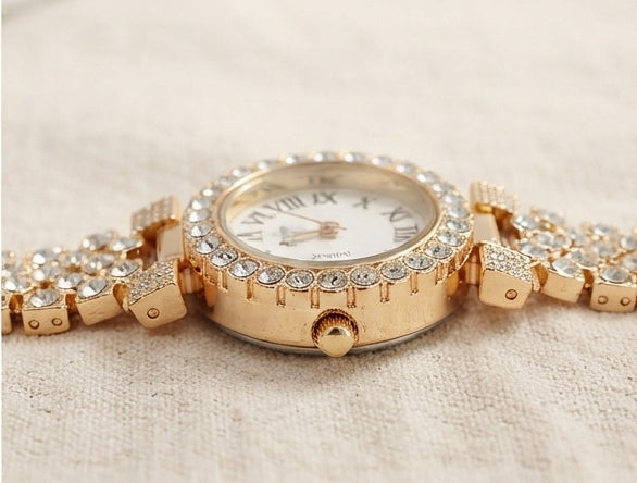 Gold-Tone Embellished Bracelet Watch – White Roman Numeral Dial