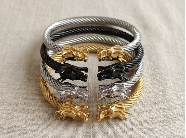 Double Dragon Head Twisted Cuff Bracelet – Gold-Tone, Silver-Tone & Black