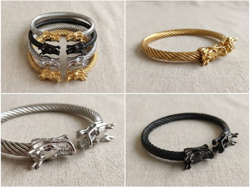 Double Dragon Head Twisted Cuff Bracelet – Gold-Tone, Silver-Tone & Black
