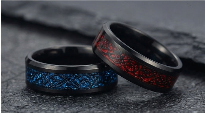 Black Textured Accent Band Ring – Blue & Red