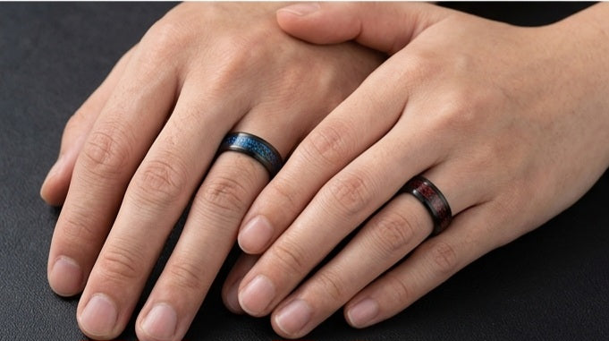 Black Textured Accent Band Ring – Blue & Red